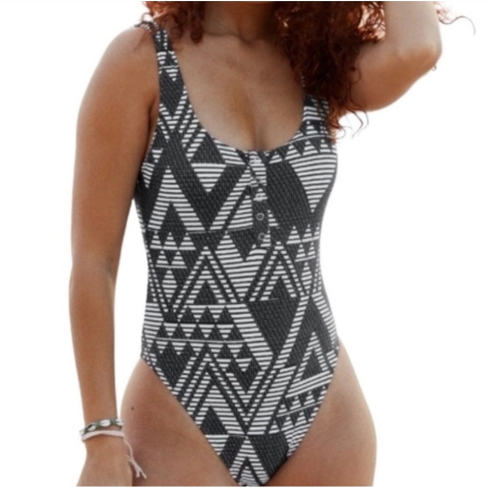 Aerie One Piece Swimsuit S Black White Geometric Tribal Henley High Cut Cheeky